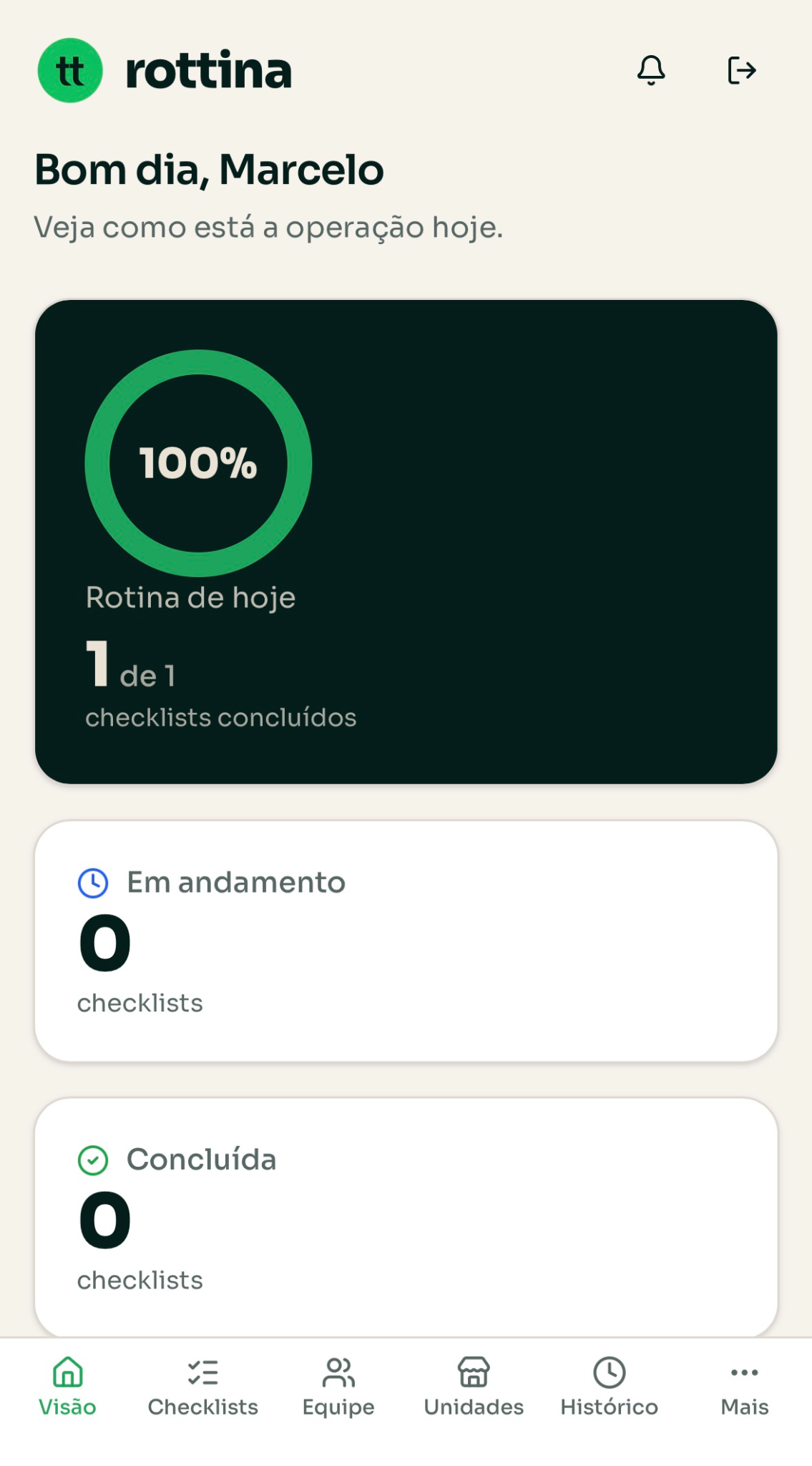 Painel mobile real do Rottina com a rotina do dia e os status de execução